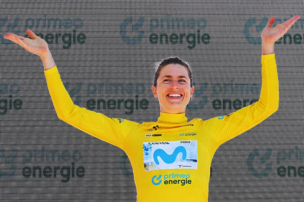 AARBURG, SWITZERLAND - JUNE 20: Marlen Reusser of Switzerland and Team Movistar celebrates at podium as Yellow Leader Jersey winner during the 89th Tour de Suisse 2026, Stage 4 a 23.7km individual time trial stage from Aarburg to Aarburg / #UCIWT / on June 20, 2026 in Aarburg, Switzerland. (Photo by